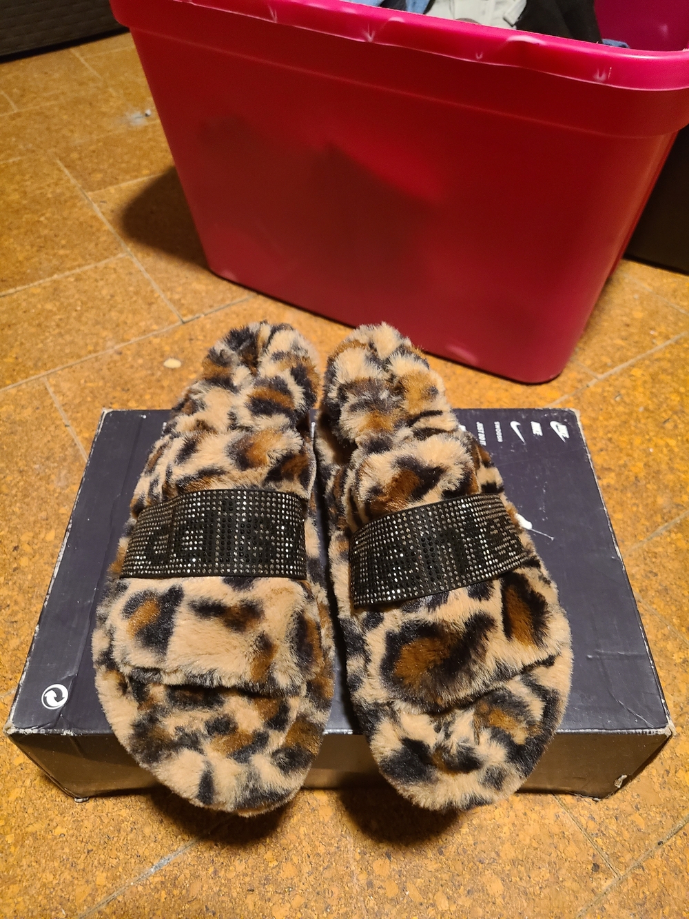 Daisy Fuentes Leopard Print Faux Fur Slide Slippers with Black Embellished Strap